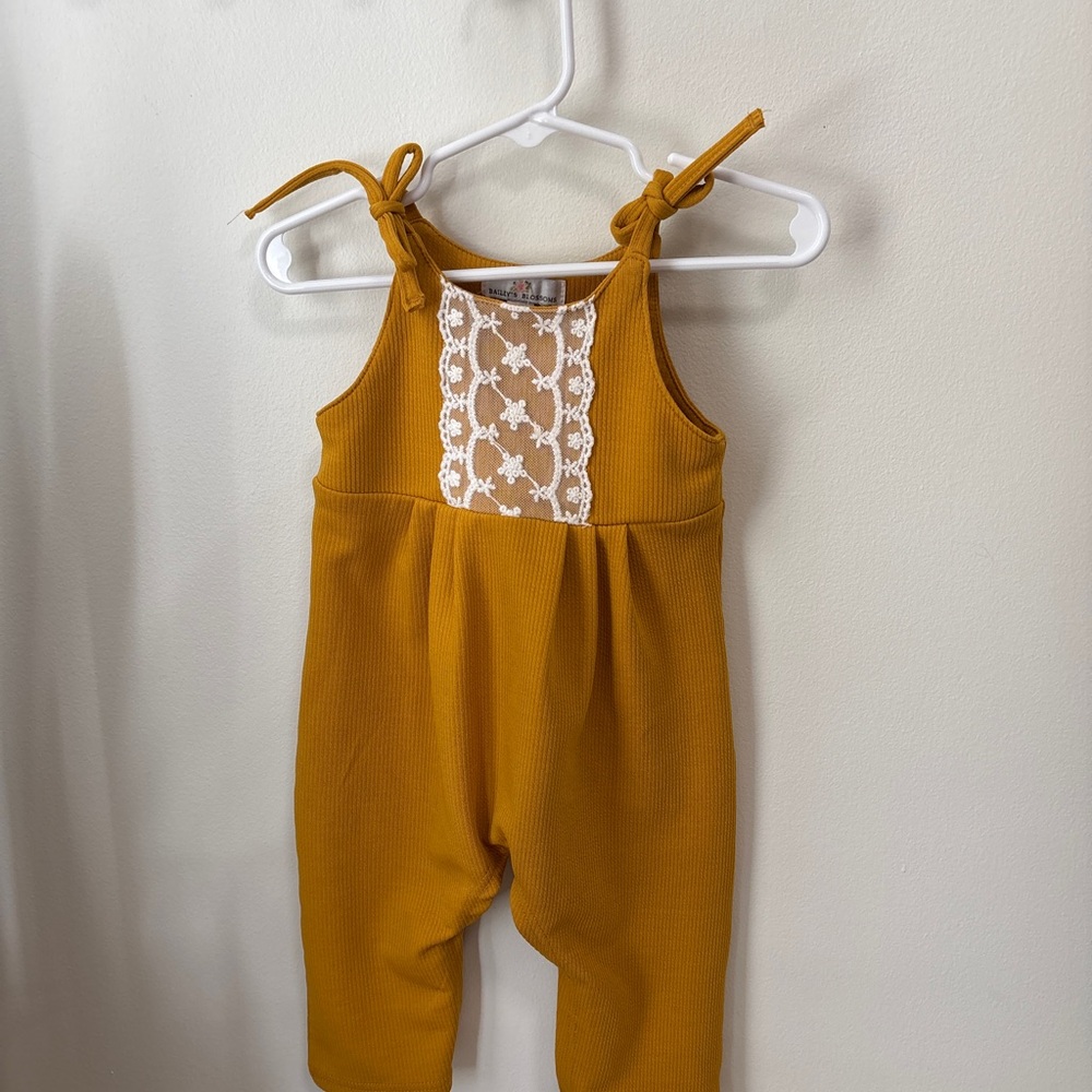 Girls Mustard Lace-Trim Knit Romper